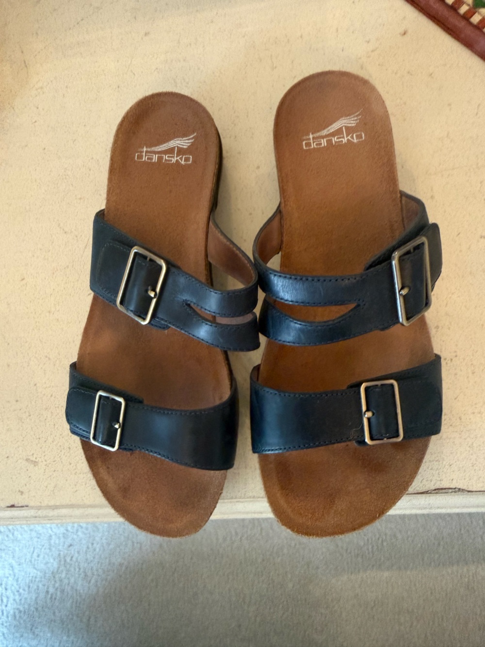 Dansko Navy Leather Double-Buckle Slide Sandals